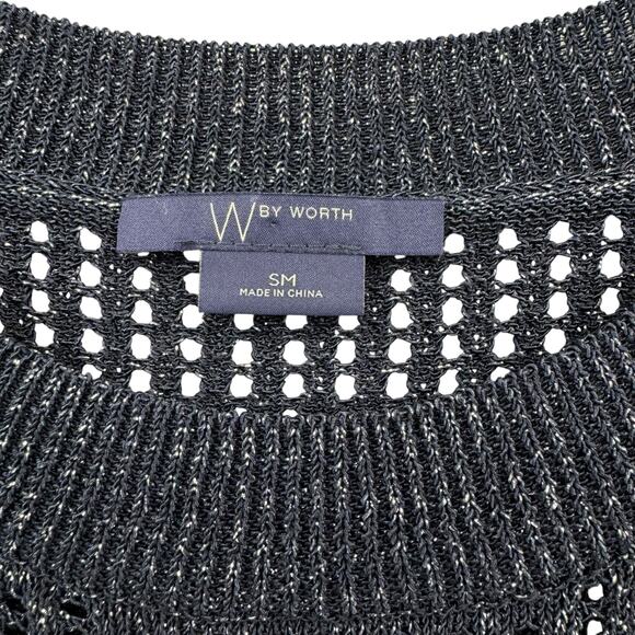 W by Worth Dark Navy Open Knit Silver Metallic Sparkle Tunic Tank Sleeveless Top - Picture 10 of 12